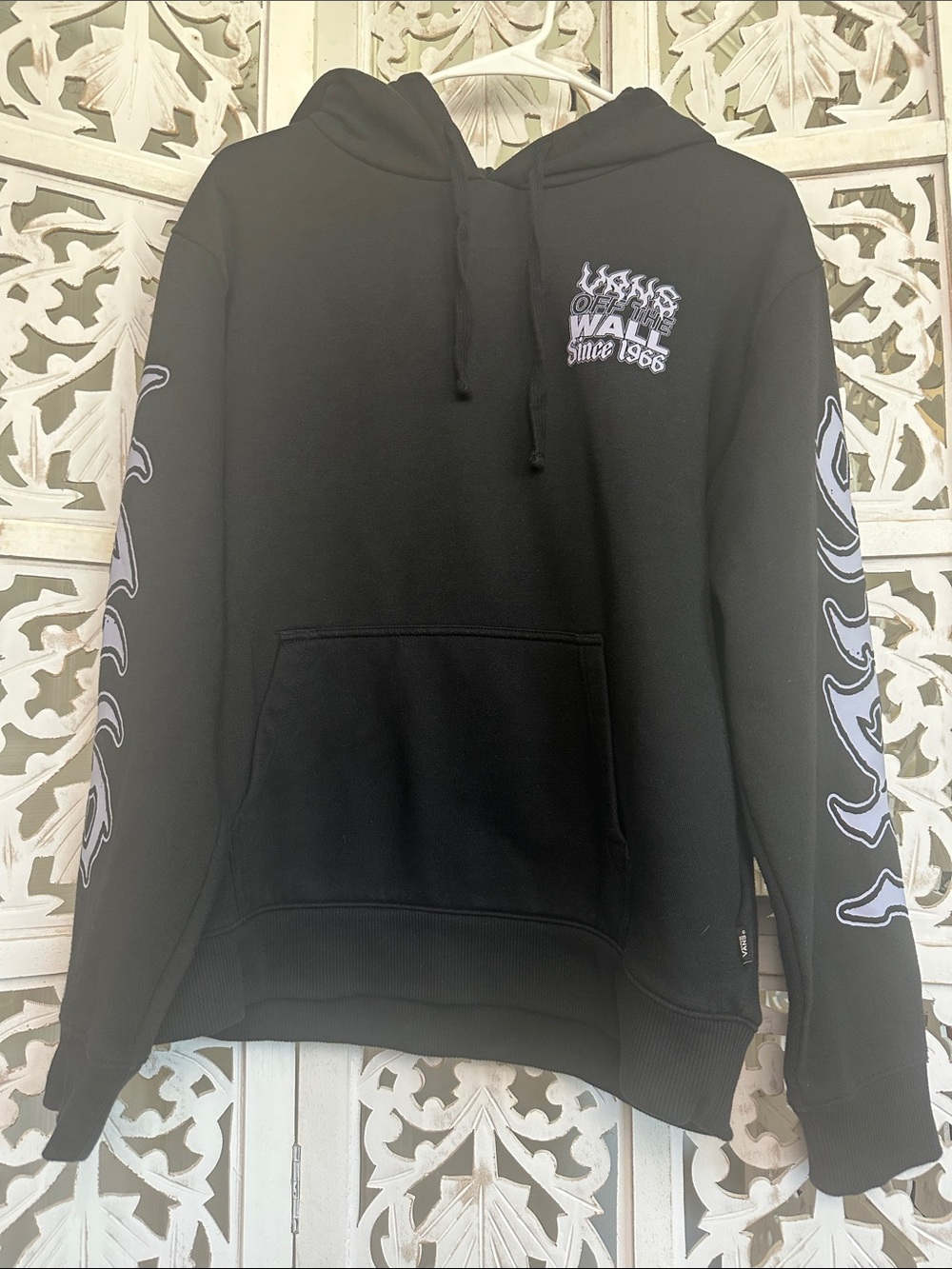 Vans, Black Hoodie, Lavender Flame Sleeve Graphics, NWOT